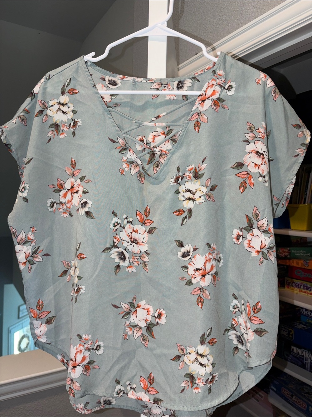 Women's Sage Green Floral V-Neck Blouse with Crisscross Detail